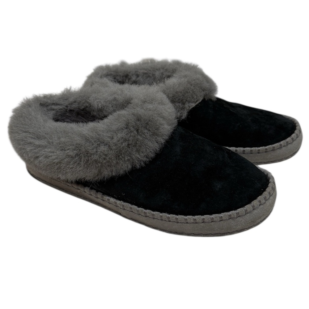 UGG Black Suede Slippers with Gray Shearling Trim